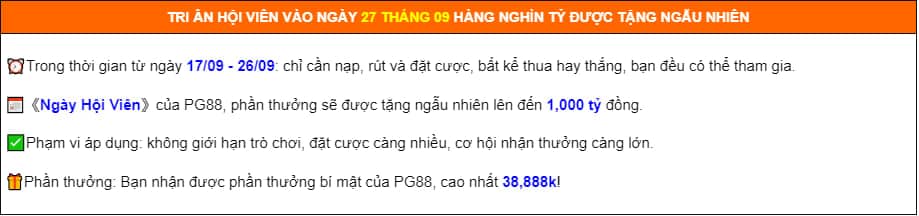 Nội dung sự kiện Khuyến Mãi Ngày Hội Viên PG88